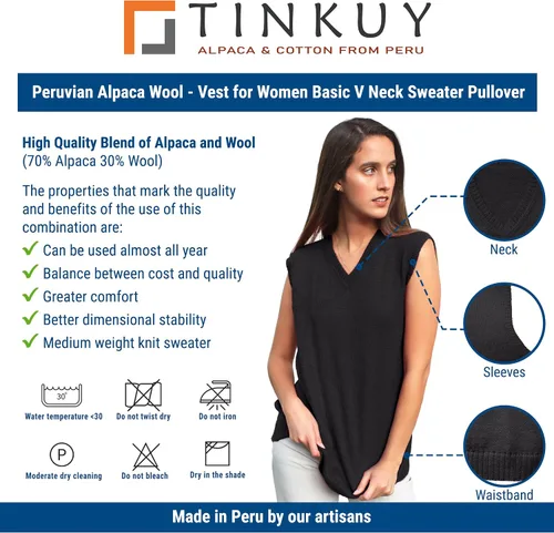 Miniatura 5 de TINKUY PERU - Chaleco de lana de alpaca con cuello en V para mujer, S-4XL