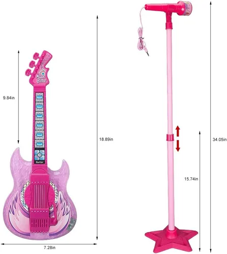 Miniatura 6 de TAKIHON Juego de guitarra y micrófono para niños, juguetes de guitarra con música y luz colorida, micrófono de altura ajustable con soporte