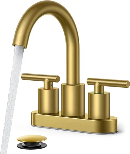 FORIOUS Juego central de grifo de baño dorado cepillado de 4 pulgadas, 2 manijas y 2 agujeros dorados para tocador de baño con metal emergente,