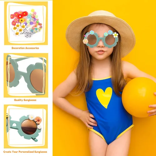 Miniatura 3 de Gafas de sol redondas de flores para niños, lindo juego de lentes de sol de flores, cuentas de letras, margaritas, carita sonriente, flor y signo