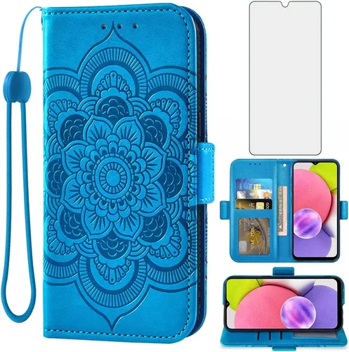 Asuwish Compatible con Samsung Galaxy A03s - Funda tipo cartera y protector de pantalla de vidrio templado, soporte de cuero con tapa para tarjetas