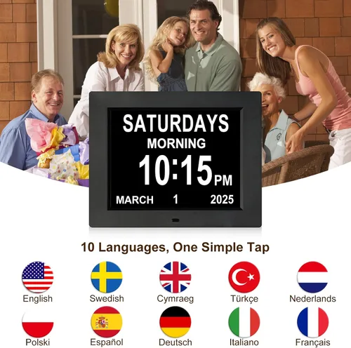 Miniatura 7 de KASTISS Reloj despertador con calendario digital de 8 pulgadas, reloj digital grande fácil de leer, personas con problemas de visión, 12 alarmas