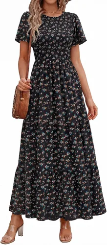 Miniatura 11 de PRETTYGARDEN - Vestido largo casual de verano para mujer, manga corta acampanada, bohemio, floral, cuello redondo, vestido blusón, escalonado