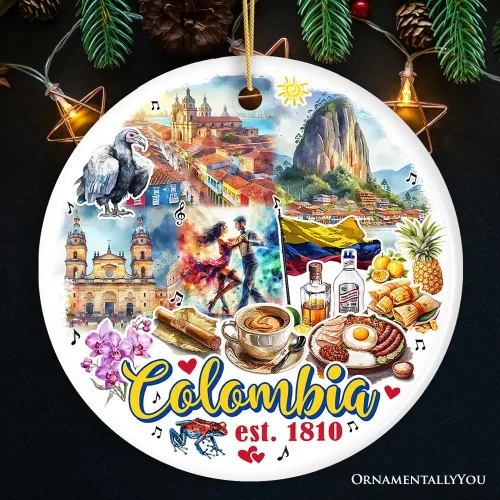 Miniatura 7 de Colorido adorno navideño de cultura y monumentos de Colombia, regalo del patrimonio latinoamericano y recuerdo de Bogotá (círculo - versión 2)