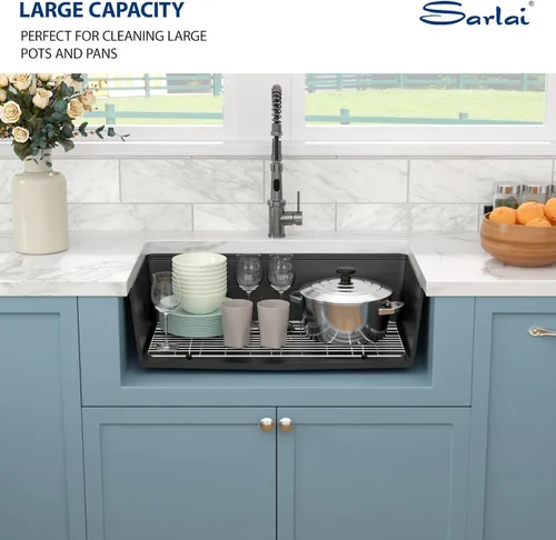 Miniatura 7 de Sarlai 33 Fregadero de cocina compuesto de granito - 33 x 19 pulgadas Granito negro bajo encimera Fregadero de trabajo de borde negro mate Granito