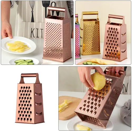 Miniatura 6 de IMIKEYA Rallador de queso de 4 caras de acero inoxidable con mango para verduras, jengibre, rebanada de cocina, trituradora de alimentos rosa Oro