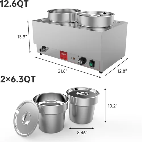 Miniatura 2 de Valgus Calentador de alimentos comercial de acero inoxidable Bain Marie, 2 ollas redondas, calentador de sopa eléctrico con tapa y grifo