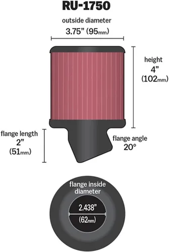 Miniatura 2 de K&N Filtro de Aire Universal con Abrazadera Original de Alto Flujo de por Vida: Alto Rendimiento, Premium, Lavable: Diámetro de Brida: 2.4375