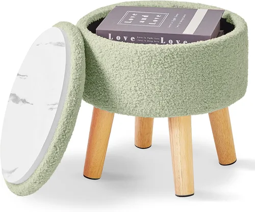 Miniatura 11 de IBUYKE Taburete otomano de 13 pulgadas con almacenamiento, reposapiés pequeño redondo con asiento acolchado y patas de madera, mini reposapiés