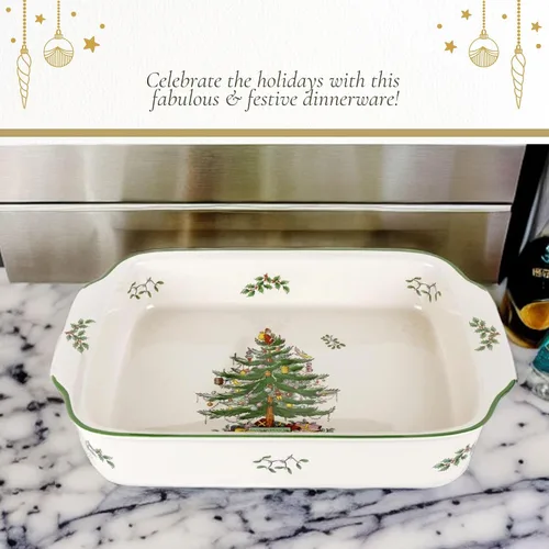 Miniatura 6 de Spode Plato rectangular con mango de árbol de Navidad (9 x 12 pulgadas) para hornear y platos de temporada, apto para loza, microondas