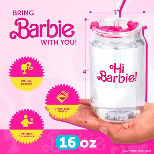 Miniatura 2 de Dragon Glassware x Barbie La Película - 16 oz Tazas de vidrio con tapas y popotes, Juego de 2 - Tazas de café helado con tapas - Vaso de vidrio
