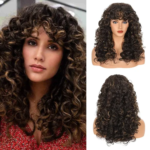 Miniatura 8 de Flufymooz Peluca rizada con flequillo para mujeres negras, 20 pulgadas, color marrón nogal, peluca de pelo largo, rizos con flequillo ondulado