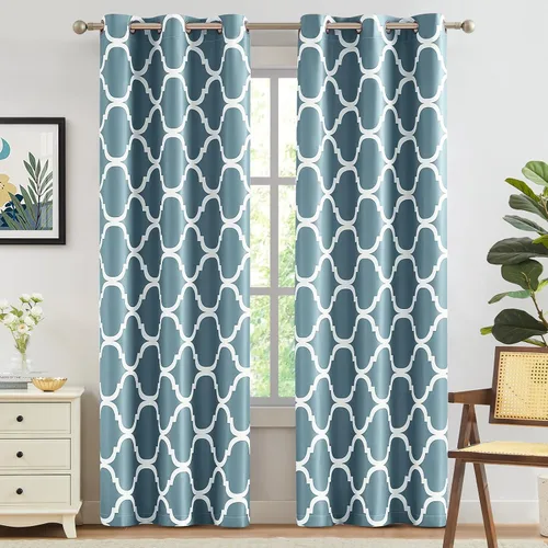 Miniatura 16 de Melodieux - Cortinas opacas estilo marroquí con aislamiento térmico y ojales para oscurecer sala de estar, 2 paneles. Blanco hueso/verde azulado