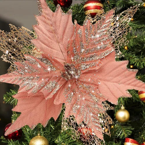 Miniatura 11 de Flores de Pascua de Navidad con purpurina de 10'' de stadeco, 10 unidades, adornos de árbol de Navidad con flores artificiales con tallos largos