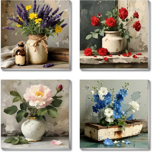 FQOVKYN Paquete de 4 marcos con flores para pintar por números para adultos, kit DIY de artista para pintar por números de jarrón en lienzo, kit de