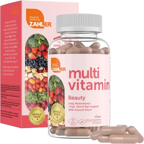 Zahler Multivitamin Beauty + Skin Hair and Nails Support, multivitamínico para mujeres y hombres con hierro, certificado Kosher, 60 cápsulas