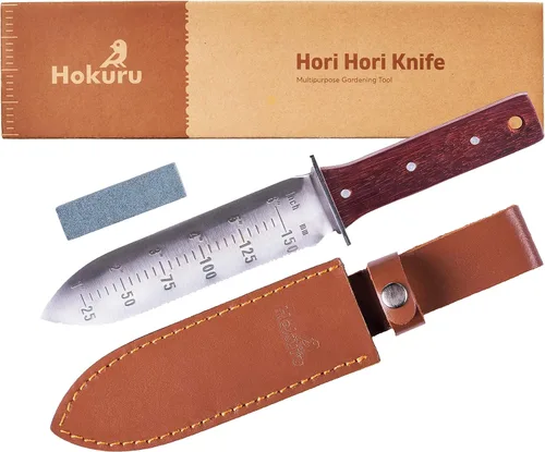 Cuchillo Hori Hori - Herramienta de jardinería para jardinería, excavación, deshierbe, corte, plantación con funda de cuero, hoja de acero