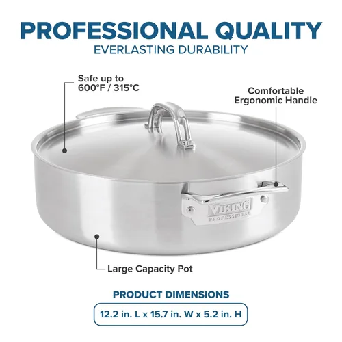 Miniatura 4 de Viking Culinary Professional - Sartén de acero inoxidable de 5 capas, 3.4 cuartos de galón, plata (4015-1034CS)