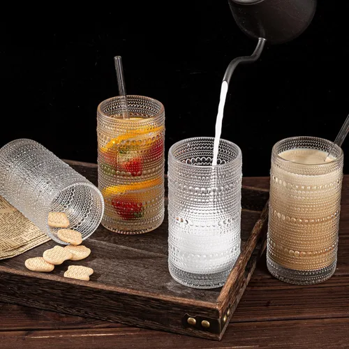 Miniatura 2 de Juego de 15 vasos de hobnail de 16 onzas / 16.2 fl oz vintage con pajitas, tazas gruesas en relieve para agua, café helado, jugo, cócteles, cocina
