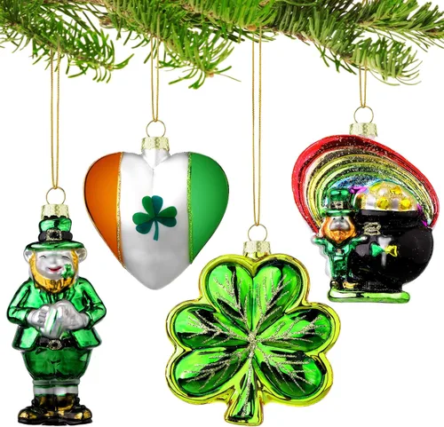 4 adornos de cristal del día de San Patricio, maceta de duende de trébol irlandés de oro, decoración de árbol de trébol de la suerte para el hogar,