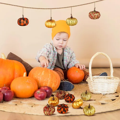 Miniatura 2 de Sotiff 12 adornos para árbol de Acción de Gracias, adornos colgantes de calabaza, bolas de espuma con purpurina, envueltas en tela, pequeñas