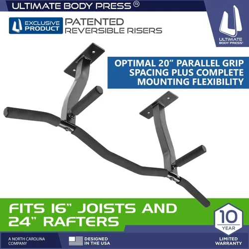 Miniatura 7 de Ceiling Mount Pull Up Bar with Reversible Risers for 16 and 24 Inch Joists with Optimum Grip Spacing by Ultimate Body Press