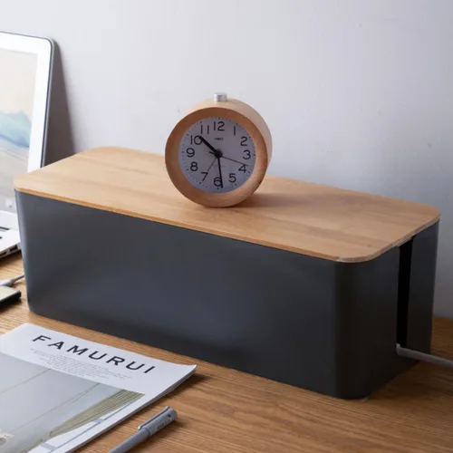 Miniatura 5 de Toyvian Cable Storage Box Power Line Manager with Natural Wood Lid, Medium Black Charging Cable Organizer for Home and Office Cord Management