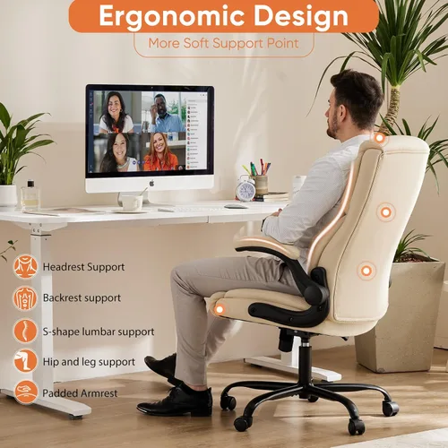 Miniatura 5 de Sweetcrispy Silla de oficina ergonómica de escritorio de alta resistencia con brazos abatibles, de cuero sintético, silla ajustable giratoria