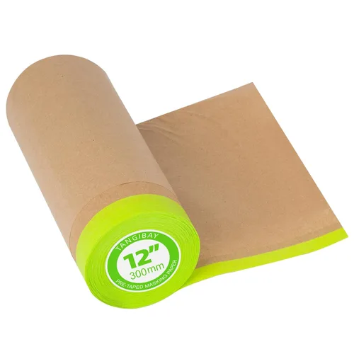 Tangibay Papel de enmascarar precintado para pintar, 12 pulgadas x 50 pies, cinta y papel para pintores, rollo de papel protector adhesivo de