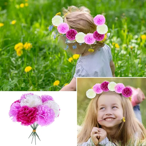Miniatura 3 de Paquete de 120 claveles artificiales con tallos, cabezas de flores de caléndula artificiales, flor eterna, pompones artificiales de seda para fiesta