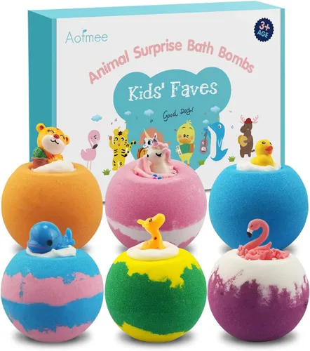 Aofmee Bombas de baño para niños, bombas de baño naturales hechas a mano con juguete en el interior, manteca de cacao de karité hidratante, kit de