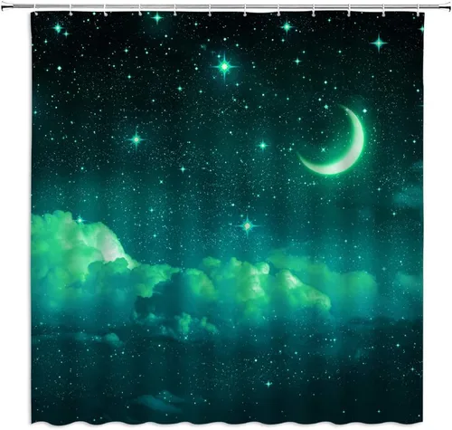 Miniatura 14 de AMFD Cortina de ducha con luna increíble, hermosa fantasía, cielo estrellado, luna brillante, azul, azul marino, negro, cortinas de baño, decoración