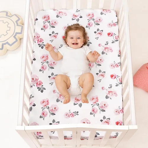 Miniatura 2 de PHF - Juego de 3 sábanas ajustadas de rosa floral para cuna, sedosas, cómodas, transpirables, para niños y niñas, 28 x 52 pulgadas, se adapta a