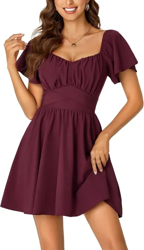 Miniatura 25 de Rooscier Minivestido acampanado de manga corta con volantes, cuello cuadrado, envolvente y espalda anudada para mujer