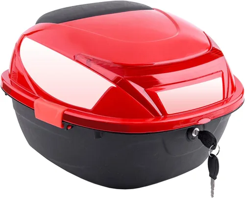 Caja trasera universal de 42 litros para motocicleta con respaldo suave, funda rígida con accesorios de montaje, 15.7 x 14 x 11 pulgadas (color rojo)