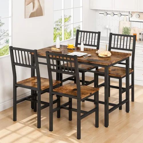 AWQM Juego de mesa de comedor de 47.2 pulgadas para 4, mesa industrial con 4 sillas curvas, juego de mesa de cocina rectangular de 5 piezas para