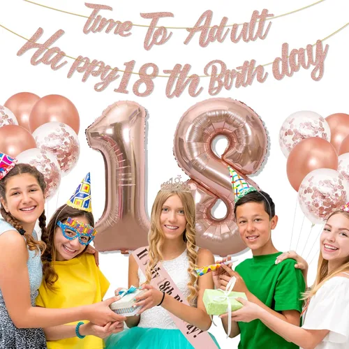 Miniatura 6 de Decoraciones de cumpleaños número 18 de oro rosa para niñas, pancarta de cumpleaños número 18, banda de cumpleaños 18, tiara de 40 pulgadas, número
