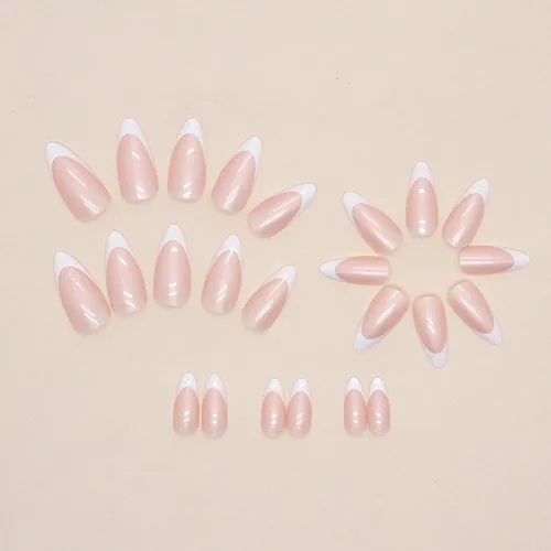 Miniatura 3 de Uñas postizas largas a presión de almendra, uñas postizas Aurora con punta francesa, 24 unidades, naturales, brillantes, cobertura completa