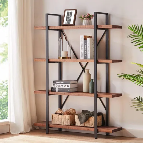 Miniatura 7 de HSH - Estantería sólida de 4 niveles de madera natural, estantería rústica de madera y metal con 4 estantes, estantería vintage industrial abierta