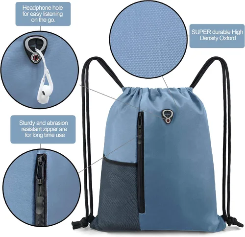 Miniatura 4 de Mochila con cordón, con estilo deportivo, bolsa de gimnasio para mujeres, hombres y niños, bolsa de gran tamaño con zíper y bolsillos de malla