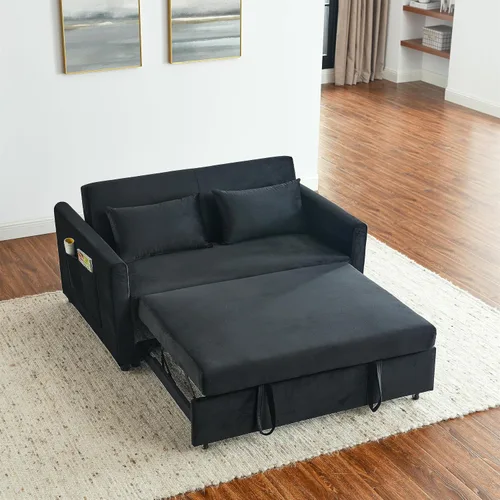 Miniatura 9 de Deolme Sofá cama convertible 3 en 1, moderno sofá biplaza de terciopelo con bolsillos laterales de almacenamiento y almohadas, sofá biplaza pequeño