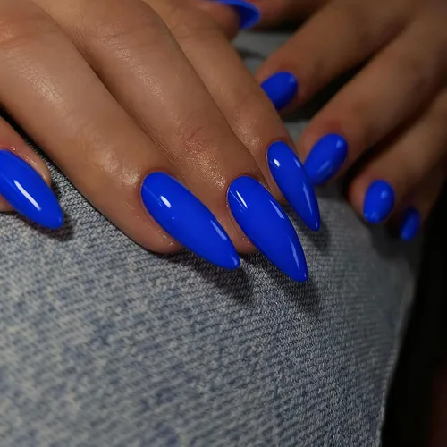 Uñas postizas a presión azul real - Forma de almendra, longitud media, acrílicas neutrales reutilizables para mujeres y niñas - Uñas postizas
