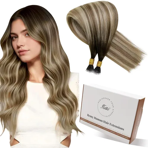 Miniatura 39 de Hetto Extensiones de cabello humano con nano cuentas, balayage, extensiones de cabello humano, color negro degradado a plateado, extensiones