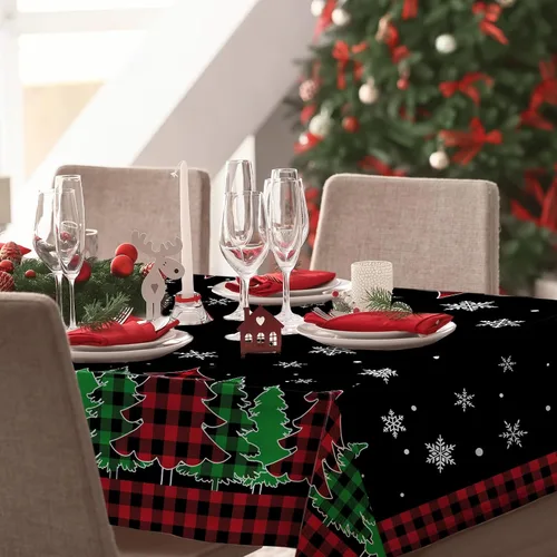 Miniatura 4 de pinata Mantel de Navidad de 60 x 84 pulgadas, mantel rectangular con árboles de Navidad, cuadros búfalo negro oblongo de invierno, Navidad y copos