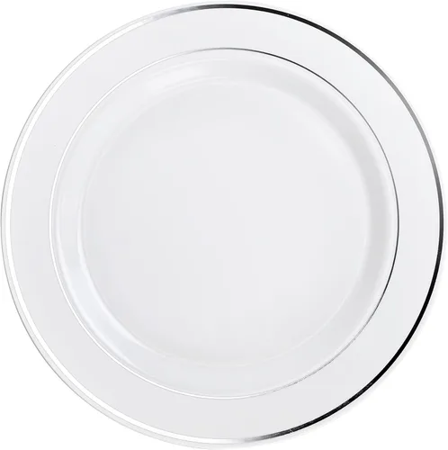 Miniatura 9 de Platos de plástico desechables Occasions para fiestas de boda (120 unidades), plateado, blanco (White / Silver Rim)