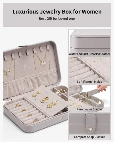 Miniatura 3 de Vlando Joyero de viaje para mujer, caja organizadora de joyas de cuero portátil para collares, aretes, anillos, pulseras, tamaño pequeño, regalos