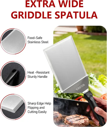 Miniatura 4 de HULISEN Espátula grande de acero inoxidable para parrilla, espátula de metal resistente de 6 x 5 pulgadas con bordes de corte, accesorios