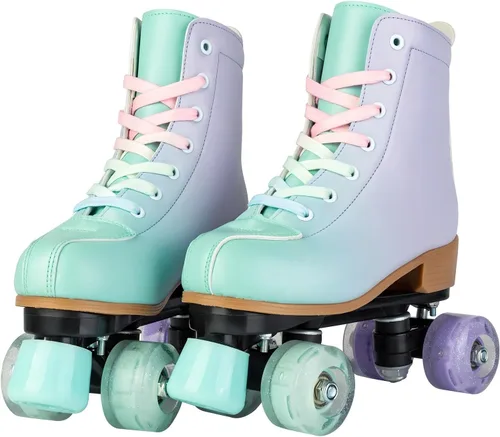 Miniatura 5 de Patines de ruedas para niñas y mujeres, de piel sintética, color verde degradado, morado, con ruedas flash, patines para interiores y exteriores