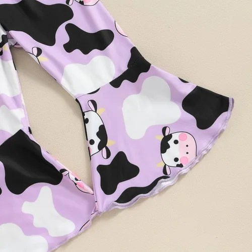 Miniatura 76 de fhutpw Conjunto de camiseta de manga corta con estampado de vaca y pantalones acampanados de dibujos animados para niñas