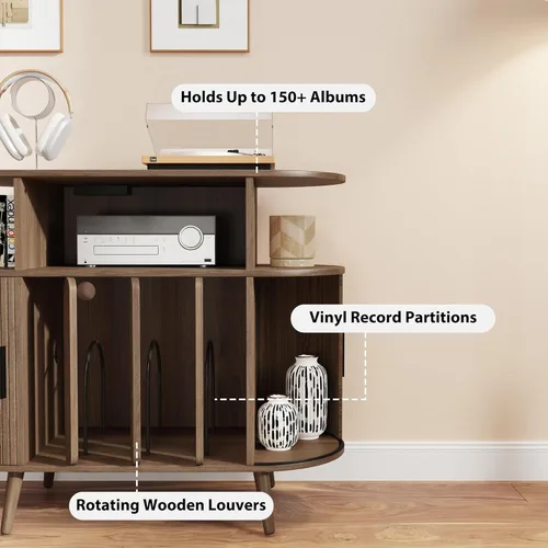 Miniatura 7 de Soporte grande para tocadiscos de 35.5 pulgadas con estación de carga, gabinete de almacenamiento de discos de vinilo, moderno soporte